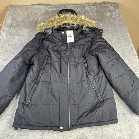 Wantdo Jacket Mens XL Black Hooded Puffer Parka Faux Fur Trim Winter Coat - Picture 13 of 13
